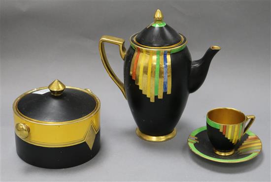 A Carlton Ware Art Deco jar and cover and a similar coffee pot and a coffee cup and saucer pattern 3554 coffee pot height 20.5cm